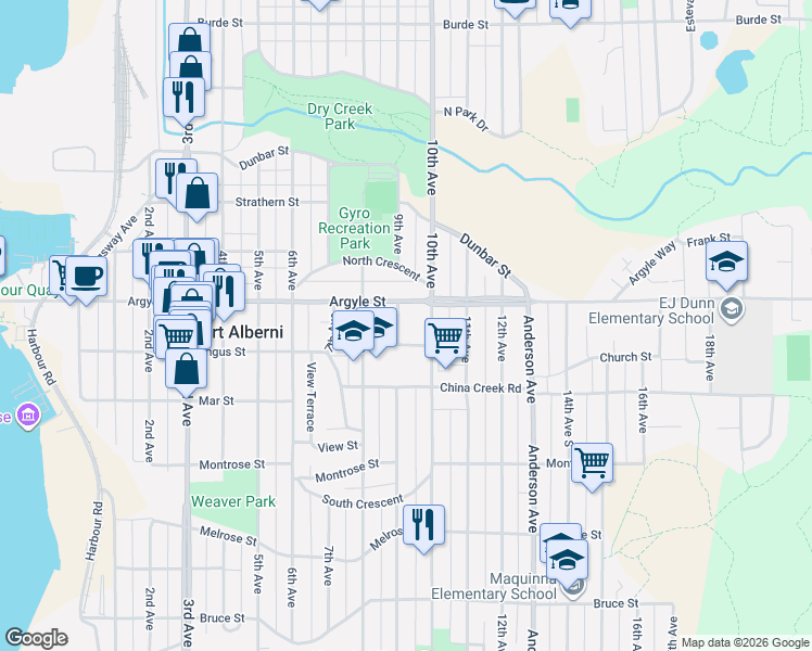 map of restaurants, bars, coffee shops, grocery stores, and more near 3055 9th Avenue in Port Alberni