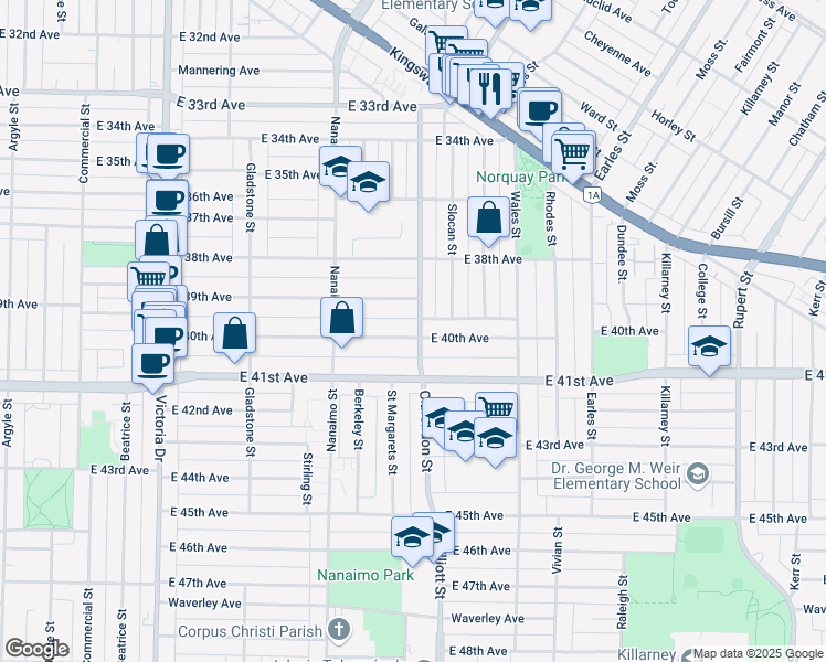map of restaurants, bars, coffee shops, grocery stores, and more near 5591 Clarendon Street in Vancouver