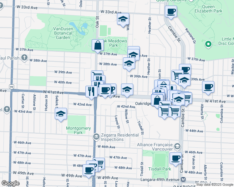map of restaurants, bars, coffee shops, grocery stores, and more near 949 West 41st Avenue in Vancouver