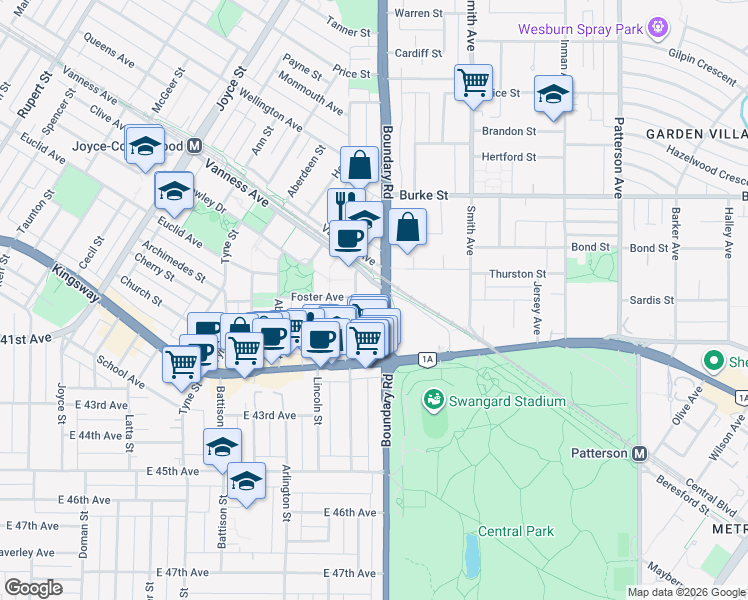 map of restaurants, bars, coffee shops, grocery stores, and more near in Vancouver