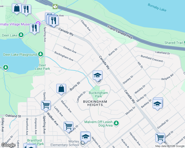 map of restaurants, bars, coffee shops, grocery stores, and more near 7616 Burris Street in Burnaby