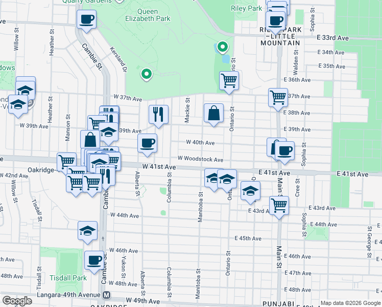 map of restaurants, bars, coffee shops, grocery stores, and more near 137 West Woodstock Avenue in Vancouver