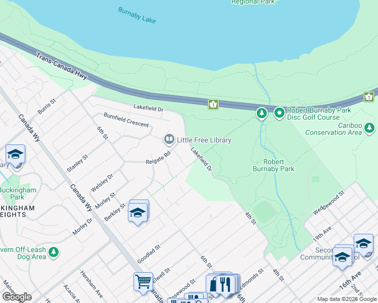 map of restaurants, bars, coffee shops, grocery stores, and more near 8230 Lakefield Drive in Burnaby