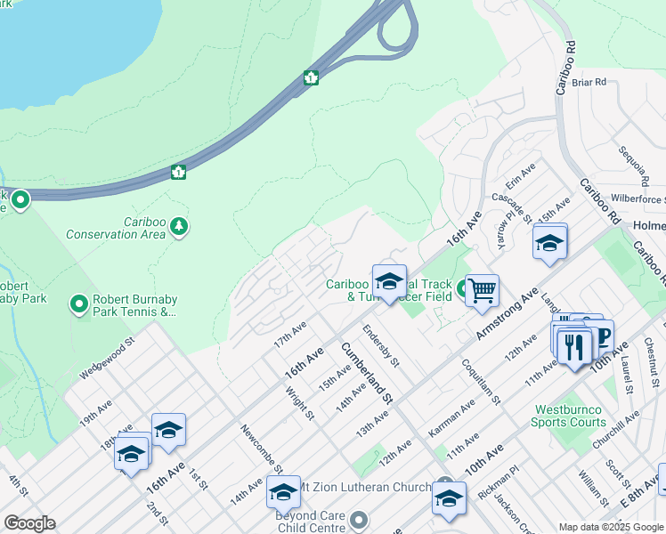 map of restaurants, bars, coffee shops, grocery stores, and more near 7500 Cumberland Street in Burnaby