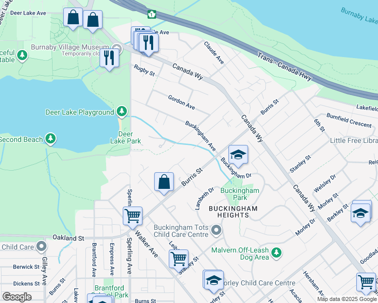 map of restaurants, bars, coffee shops, grocery stores, and more near 5777 Buckingham Avenue in Burnaby
