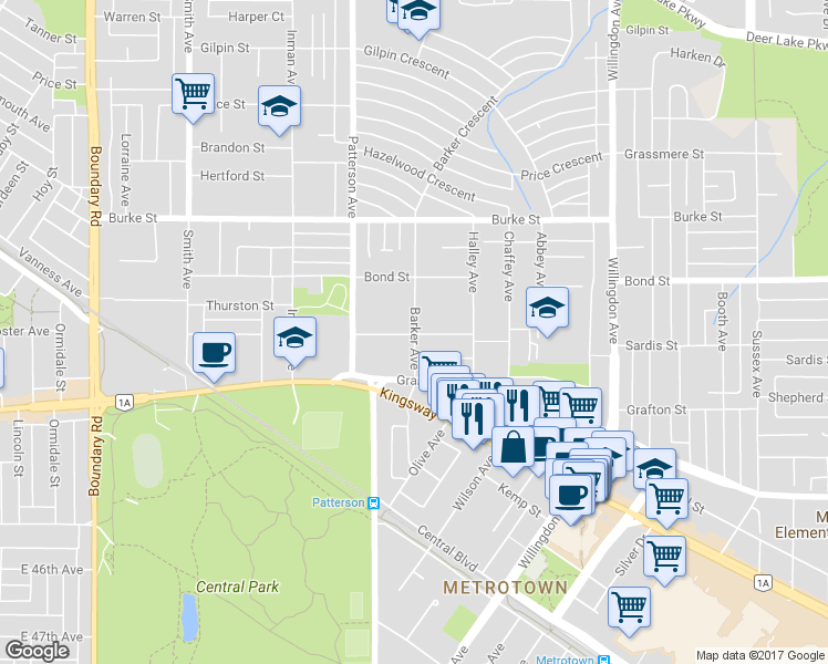 map of restaurants, bars, coffee shops, grocery stores, and more near 5565 Barker Avenue in Burnaby