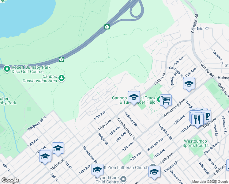map of restaurants, bars, coffee shops, grocery stores, and more near 7500 Cumberland Street in Burnaby