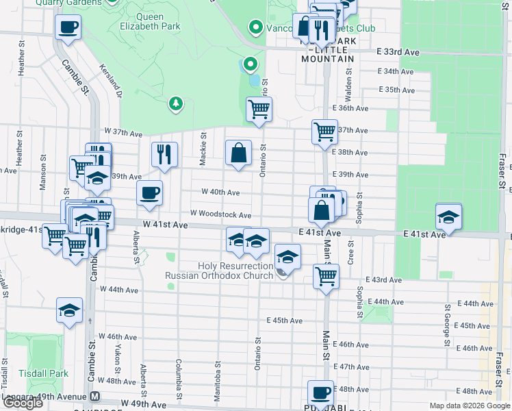 map of restaurants, bars, coffee shops, grocery stores, and more near 5655 Ontario Street in Vancouver
