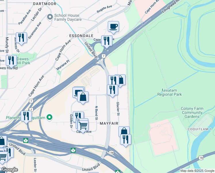 map of restaurants, bars, coffee shops, grocery stores, and more near 112 United Boulevard in Coquitlam