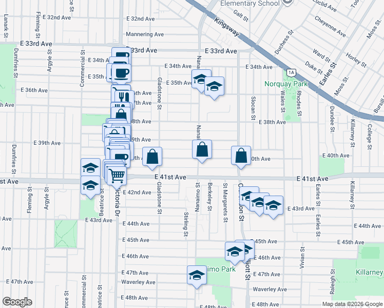 map of restaurants, bars, coffee shops, grocery stores, and more near 2291 East 40th Avenue in Vancouver