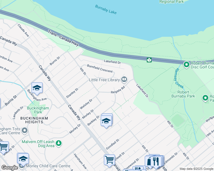 map of restaurants, bars, coffee shops, grocery stores, and more near 6350 Mesa Court in Burnaby