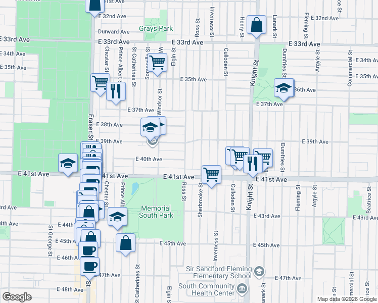 map of restaurants, bars, coffee shops, grocery stores, and more near 5538 Ross Street in Vancouver