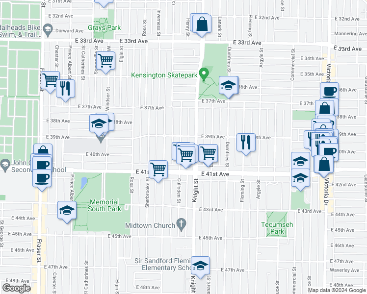 map of restaurants, bars, coffee shops, grocery stores, and more near 5554 Culloden Street in Vancouver