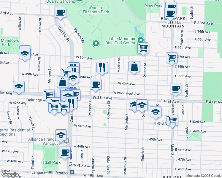 map of restaurants, bars, coffee shops, grocery stores, and more near 5670 Columbia Street in Vancouver