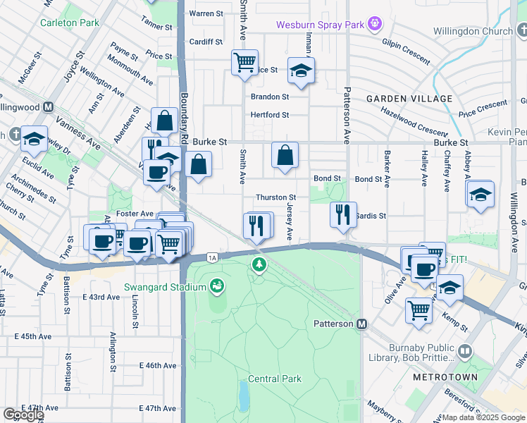 map of restaurants, bars, coffee shops, grocery stores, and more near 3865 Sandell Street in Burnaby