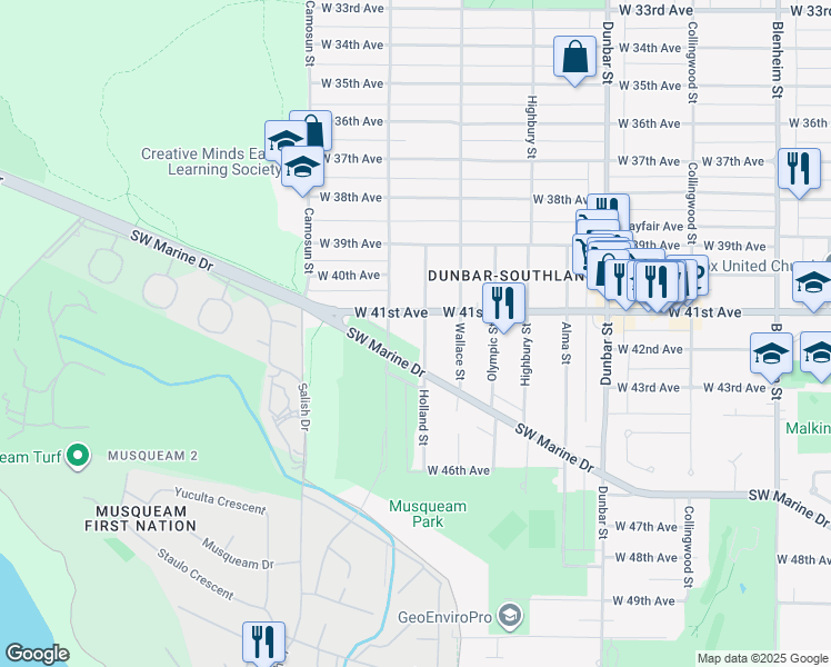 map of restaurants, bars, coffee shops, grocery stores, and more near 5761 Holland Street in Vancouver