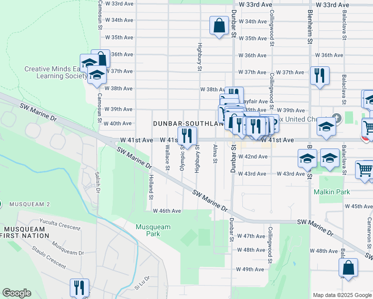 map of restaurants, bars, coffee shops, grocery stores, and more near 5762 Olympic Street in Vancouver
