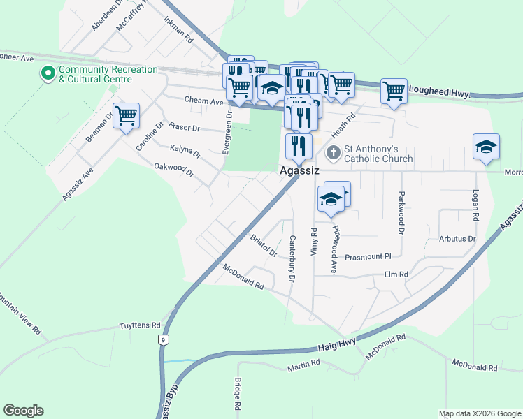 map of restaurants, bars, coffee shops, grocery stores, and more near 1609 Agassiz-Rosedale Highway in Agassiz