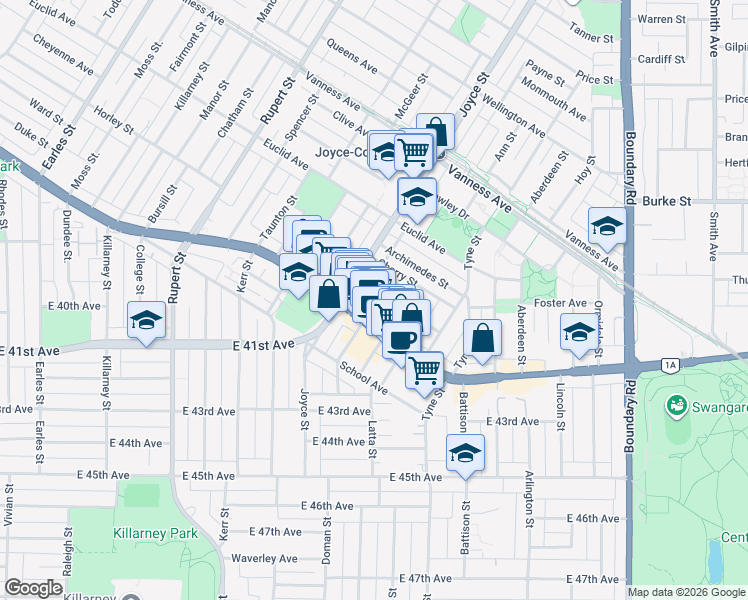 map of restaurants, bars, coffee shops, grocery stores, and more near 3328 Church Street in Vancouver