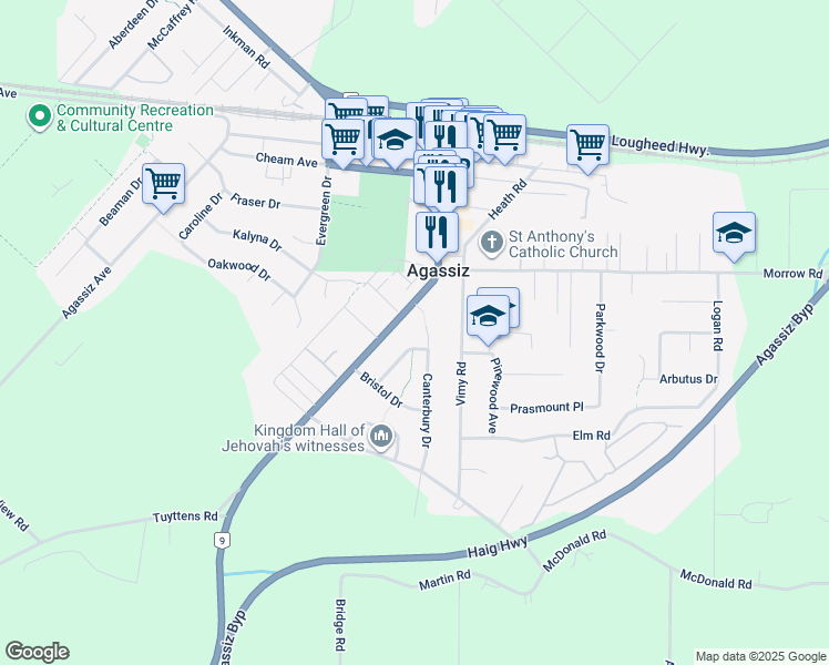map of restaurants, bars, coffee shops, grocery stores, and more near 1639 Canterbury Drive in Agassiz