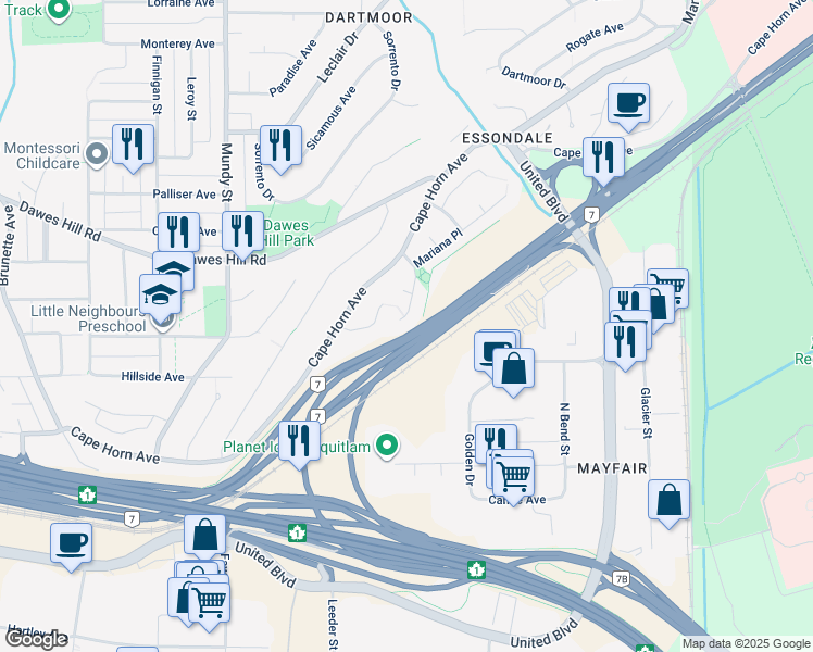 map of restaurants, bars, coffee shops, grocery stores, and more near 132 San Juan Place in Coquitlam