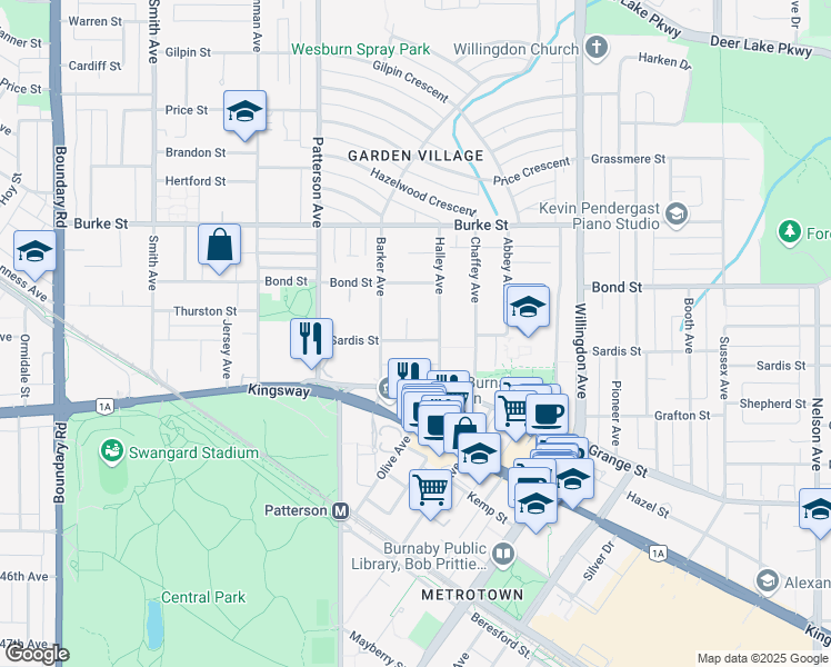 map of restaurants, bars, coffee shops, grocery stores, and more near 4255 Sardis Street in Burnaby