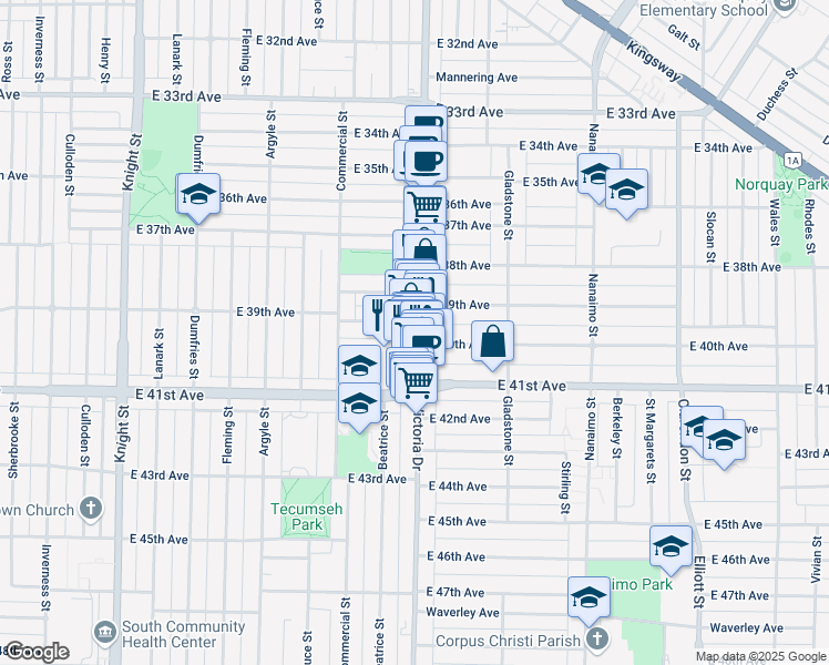 map of restaurants, bars, coffee shops, grocery stores, and more near 5517 Victoria Drive in Vancouver