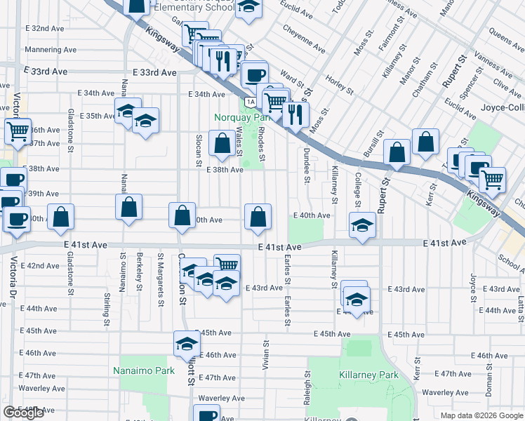 map of restaurants, bars, coffee shops, grocery stores, and more near 5569 Rhodes Street in Vancouver