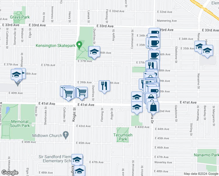 map of restaurants, bars, coffee shops, grocery stores, and more near 5543 Argyle Street in Vancouver
