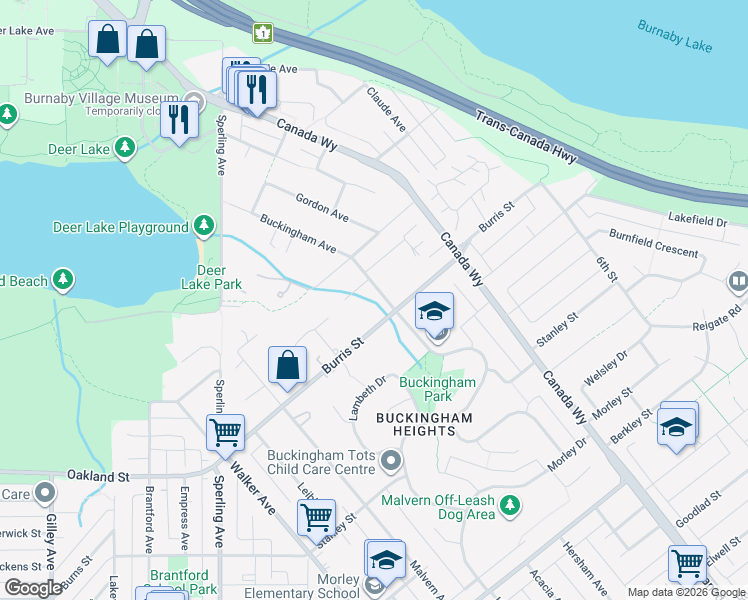 map of restaurants, bars, coffee shops, grocery stores, and more near 5831 Buckingham Avenue in Burnaby