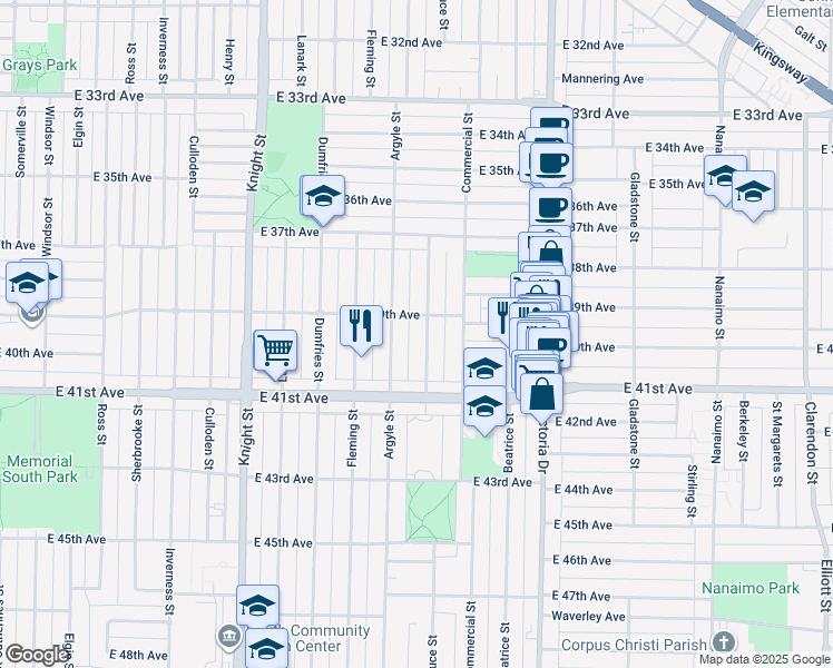 map of restaurants, bars, coffee shops, grocery stores, and more near 5541 Bruce Street in Vancouver
