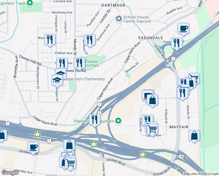 map of restaurants, bars, coffee shops, grocery stores, and more near 106 San Antonio Place in Coquitlam