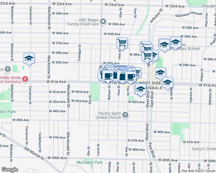 map of restaurants, bars, coffee shops, grocery stores, and more near 5763 Balsam Street in Vancouver