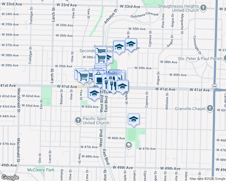 map of restaurants, bars, coffee shops, grocery stores, and more near 5670 East Boulevard in Vancouver