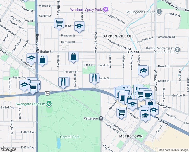 map of restaurants, bars, coffee shops, grocery stores, and more near 5575 Patterson Avenue in Burnaby