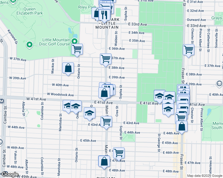 map of restaurants, bars, coffee shops, grocery stores, and more near 220 East 40th Avenue in Vancouver
