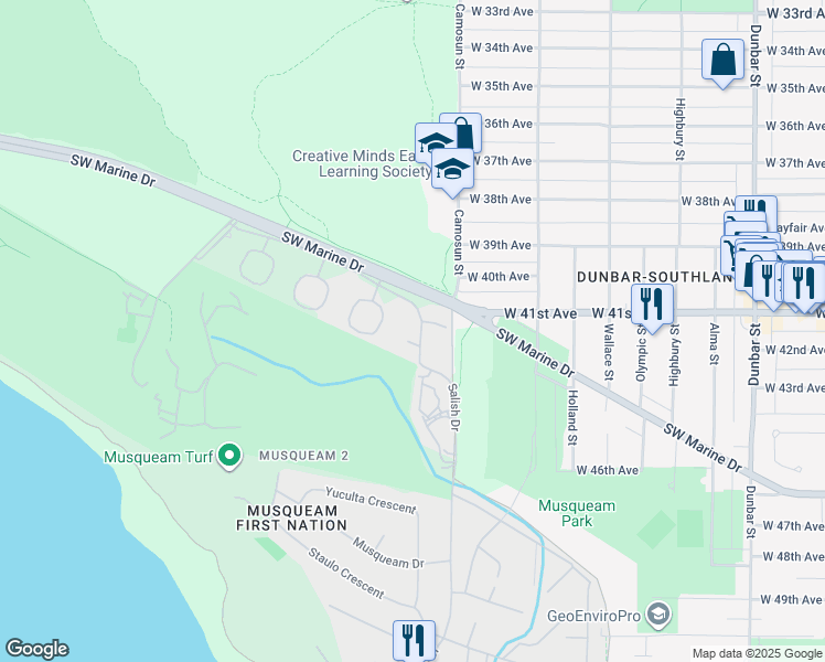 map of restaurants, bars, coffee shops, grocery stores, and more near 4158 Salish Drive in Vancouver