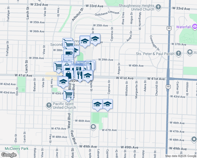 map of restaurants, bars, coffee shops, grocery stores, and more near 1970 West 41st Avenue in Vancouver
