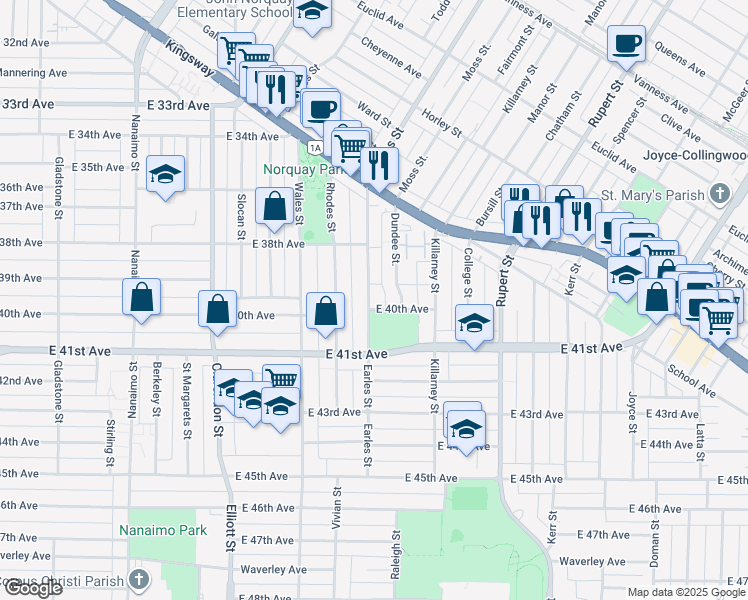 map of restaurants, bars, coffee shops, grocery stores, and more near 5556 Earles Street in Vancouver