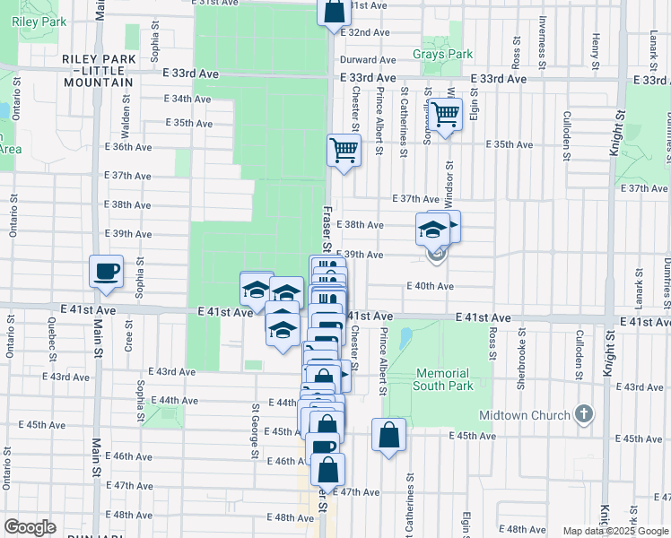 map of restaurants, bars, coffee shops, grocery stores, and more near 5550 Fraser Street in Vancouver