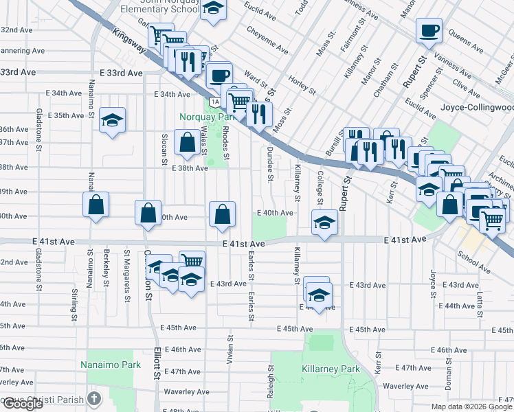 map of restaurants, bars, coffee shops, grocery stores, and more near 5556 Earles Street in Vancouver