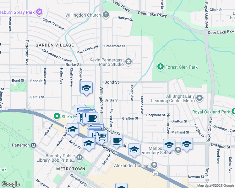 map of restaurants, bars, coffee shops, grocery stores, and more near Elsom Avenue in Burnaby