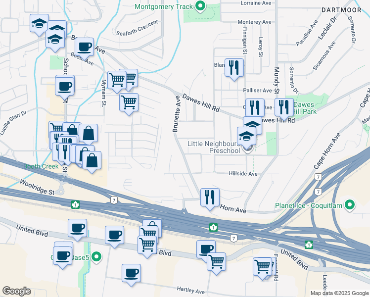 map of restaurants, bars, coffee shops, grocery stores, and more near 1865 Brunette Avenue in Coquitlam