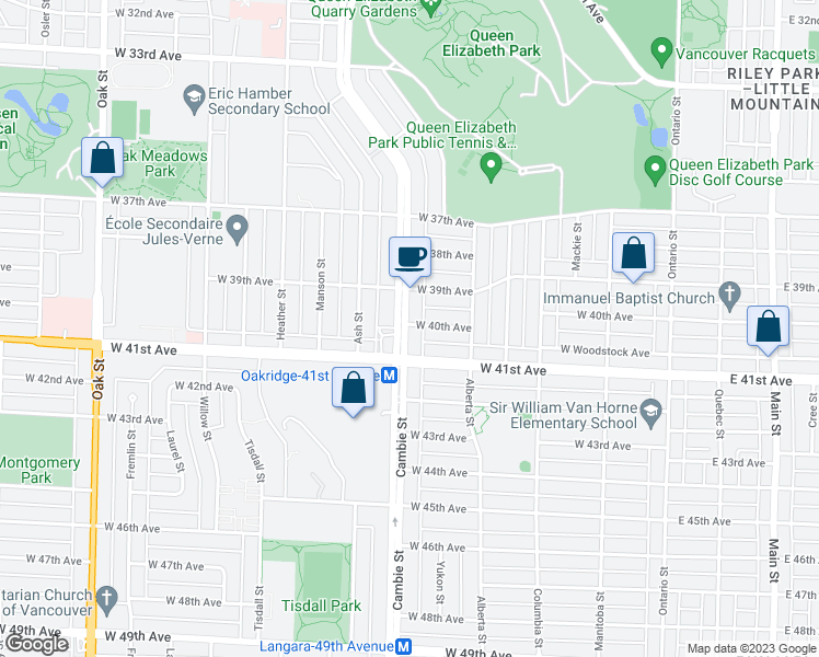 map of restaurants, bars, coffee shops, grocery stores, and more near 5628 Cambie Street in Vancouver