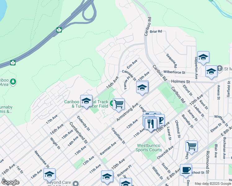 map of restaurants, bars, coffee shops, grocery stores, and more near 7615 Coldicutt Street in Burnaby