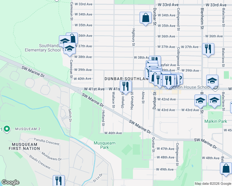 map of restaurants, bars, coffee shops, grocery stores, and more near 5738 Wallace Street in Vancouver