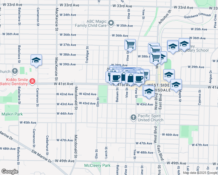 map of restaurants, bars, coffee shops, grocery stores, and more near 5700 Larch Street in Vancouver