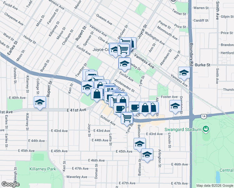 map of restaurants, bars, coffee shops, grocery stores, and more near 3335 Church Street in Vancouver
