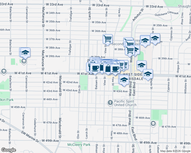 map of restaurants, bars, coffee shops, grocery stores, and more near 5707 Balsam Street in Vancouver