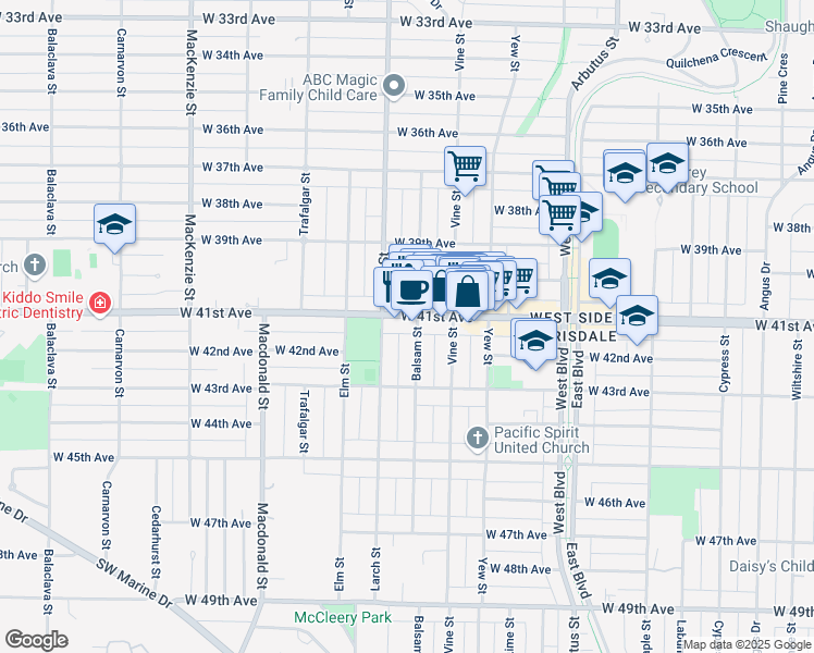 map of restaurants, bars, coffee shops, grocery stores, and more near 5763 Balsam Street in Vancouver